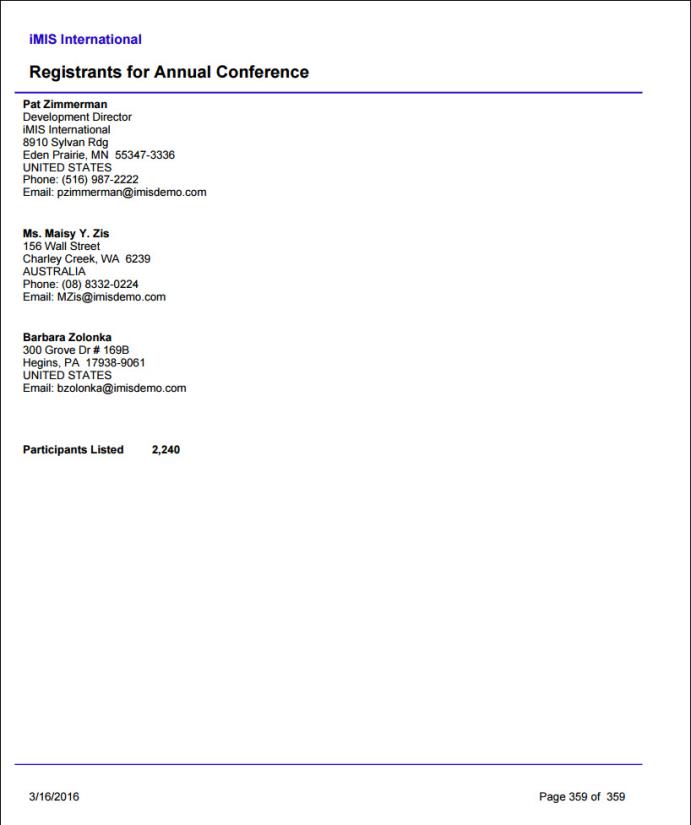 Viewing the Registration List report example
